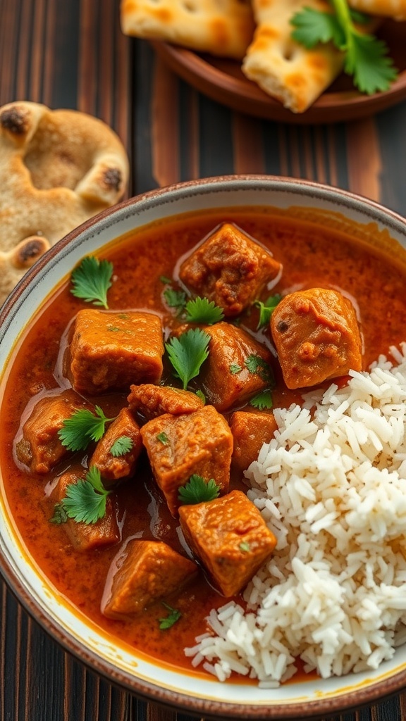 A bowl of spicy mutton curry garnished with cilantro, served with rice and naan on a wooden table.